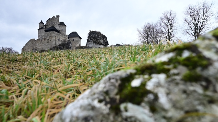 Defensive walls of the Bobolice castle made of limestone in Jura Krakowsko-Częstochowska