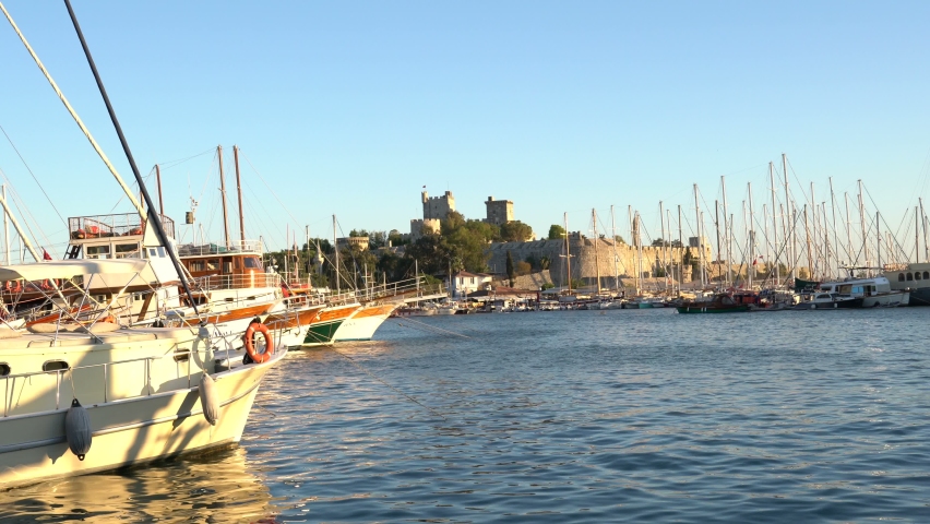 Famous historical Bodrum Castle and Bodrum marina, yachts and boats. Muğla TURKEY