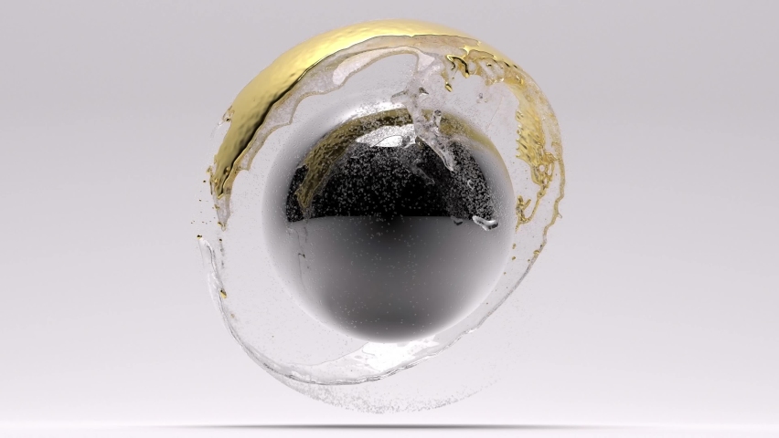 3d render of abstract art 3d video animation with flying surreal glossy silver ball or sphere with liquid yellow gold and water with foam around in mix motion process on light grey background  | Shutterstock HD Video #1084843162
