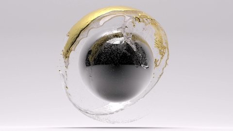 3d render of abstract art 3d video animation with flying surreal glossy silver ball or sphere with liquid yellow gold and water with foam around in mix motion process on light grey background 