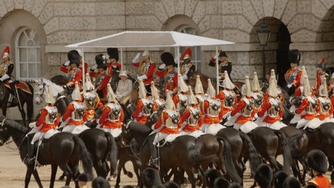 LONDON, circa 2019 - The Life Guards of the Household Cavalry parade before Her Majesty the Queen of England during the Trooping the Colour event in commemoration of her official birthday