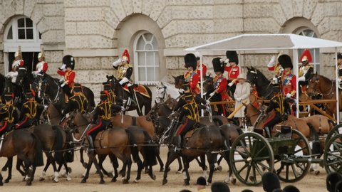 LONDON, circa 2019 - The Life Guards of the Household Cavalry parade before Her Majesty the Queen of England during the Trooping the Colour event