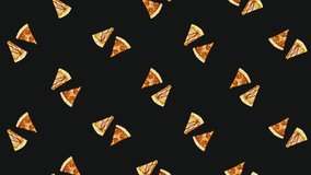 Colorful pattern of rotating pizza isolated on black background. Seamless pattern with pizza slices. Top view. Realistic animation. 4K video motion