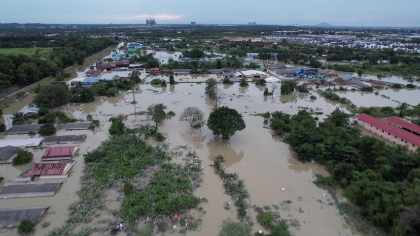 Aerial flying over flood at Bukit Lanchong, Petaling District, Malaysia Royalty-Free Stock Footage #1084849555