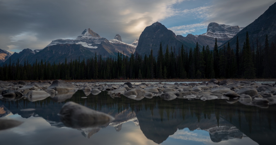 Time Lapse of Picturesque Nature of Alberta Canada by Scenic Icefields Parkway Highway. Mountains and Lakes