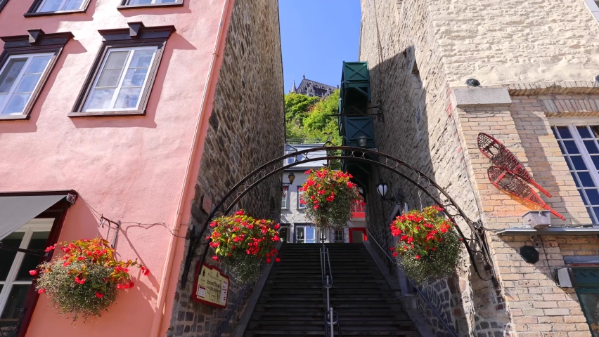 Old Quebec City tourist attractions of Quartier Petit Champlain lower town, shopping district and old French architecture.