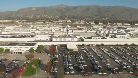 Tesla factory in Fremont California USA 2021. Aerial view of Tesla Headquarters in San Francisco, Silicon Valley. Tesla American automotive and energy company developing zero emission hi tech vehicles