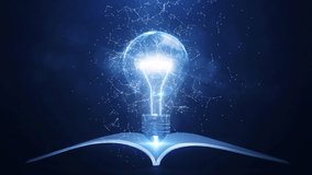 Learning from books or textbooks and the Internet around the world helps create new ideas. Slow-moving interconnected polygons surround a glowing light bulb and there is a book below. dark background. - Powered by Shutterstock - Get 15% off with code: PIKWIZARD15