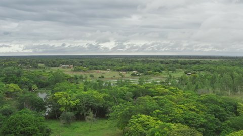 Aerial view nature Paraguay. Beautiful forests on the plains landscape of places where cows graze.