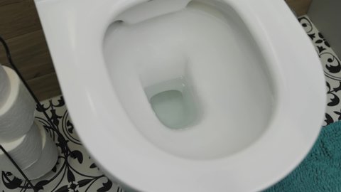 Toilet paper fall in toilet bowl and water flushing. Hygiene concept