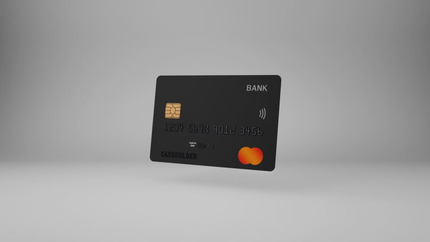 3D spinning and flying virtual dark black credit debit plastic bank dark card. Business financial graphics animation on clean and minimal white background. Wireless and chip technology payment mockup Royalty-Free Stock Footage #1084866937