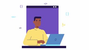 programmer developer working on code, coding, testing, debugging, analysing. Web development young man works with programming languages. freelance IT worker 4k looped animated character. Stock footage