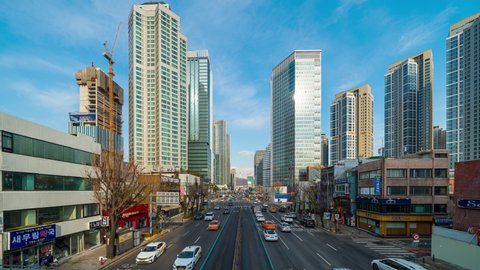 Seoul,South Korea-January 3,2022:Timelapse 4k Traffic and Capital of South Korea best landmark at Yongsan in Seoul City at South Korea