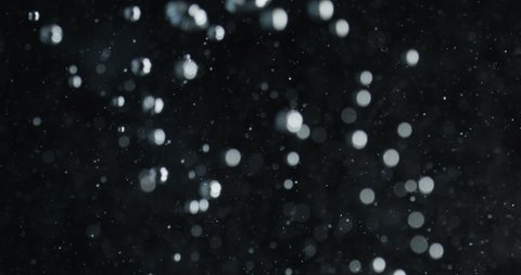 Close Up Lockdown Shot Of White Particles And Bubbles In Water Against Black Background