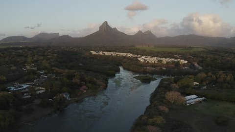 Aerial view of Riviere du Rempart, a river near Baie du Tamarin, a beautiful bay in Mauritius.