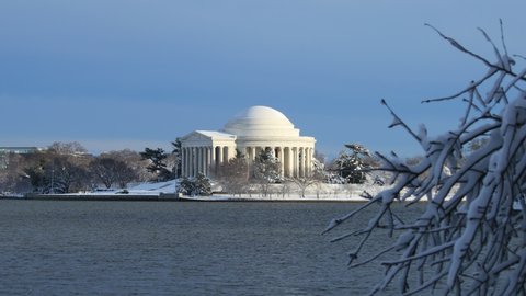 Washington, DC - USA - January 3 2022: After a winter storm, the Jefferson Memorial and Tidal Basin are seen covered in snow. Frost-covered branches of a Cherry Tree are seen in the foreground.