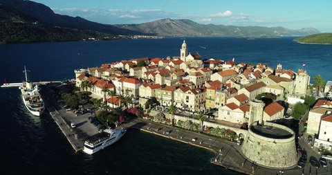 Aerial view of Korcula, a small town along the Adriatic facing the Peljesac peninsula, Korcula island, Croatia.
