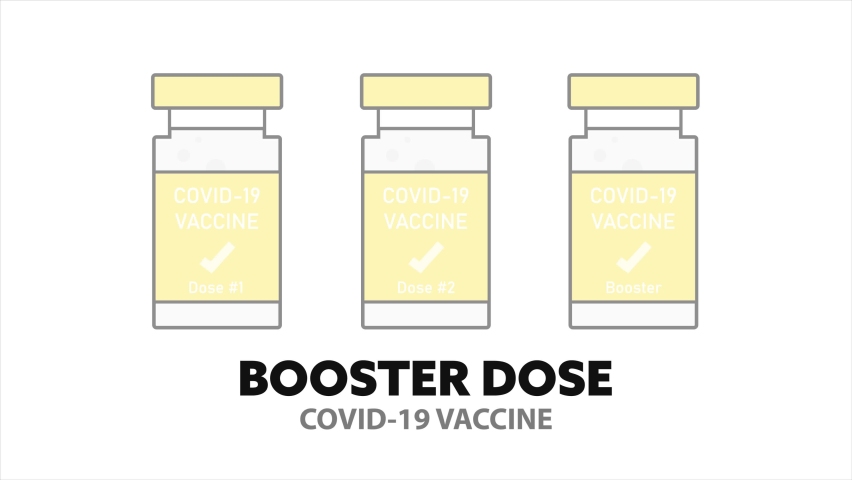 Animated video for COVID-19 Booster shot with message Booster Dose, black writing on white background under three vaccine bottles. COVID-19 vaccination, protection, vaccine, 3rd dose. Royalty-Free Stock Footage #1084879261