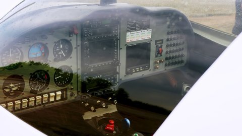 Screw aircraft. control wheel instrumental panel. close-up. Retro plane. Yoke. Pilot Cockpit Seat . Old plane cockpit dashboard with flight instruments