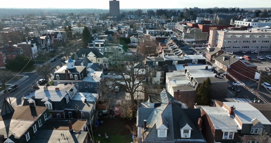 Aerial of Allentown Pennsylvania residential neighborhood community during winter day.