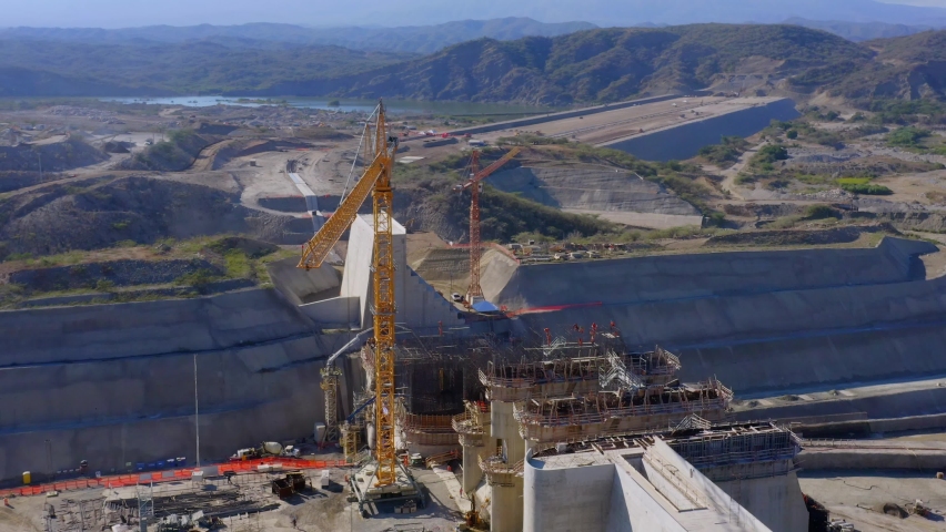 Construction of Monte Grande dam in Barahona, Dominican Republic; aerial