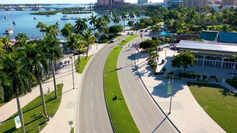 An incredible drone shot of busy downtown West Palm Beach along the Intracoastal waterway.