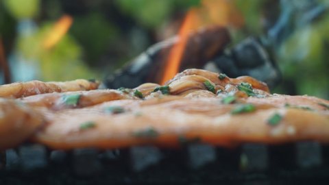 cooking chicken fillet on the grill. the cook puts the fillet slices on the grill. focus in the middle. a fire is burning in the background