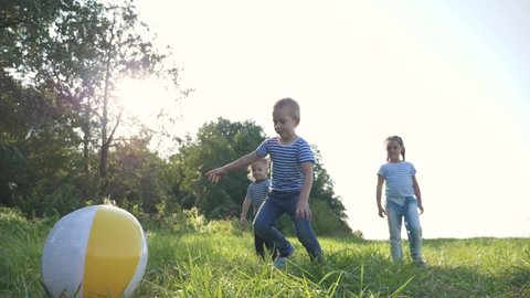 Happy family of children run in group to Park and play with an inflatable ball. Kid kick and catch up with a colored ball. Girl and boy in team compete for toy. Teamwork family. Children play on grass