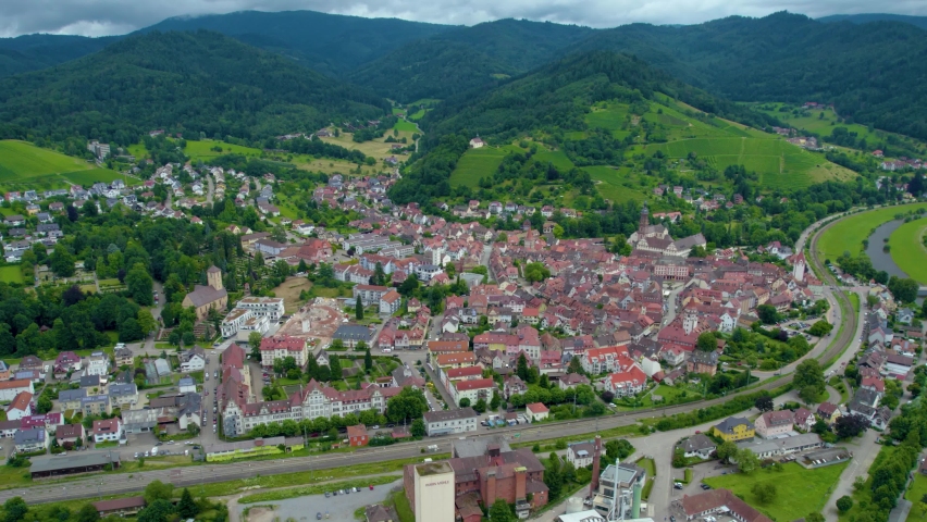 Aerial view arounde the old town of Gengenbach in Germany  on am overcast day in summer. 