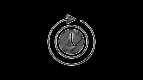 White line Clock with arrow icon isolated on black background. Time symbol. Clockwise rotation icon arrow and time. 4K Video motion graphic animation .