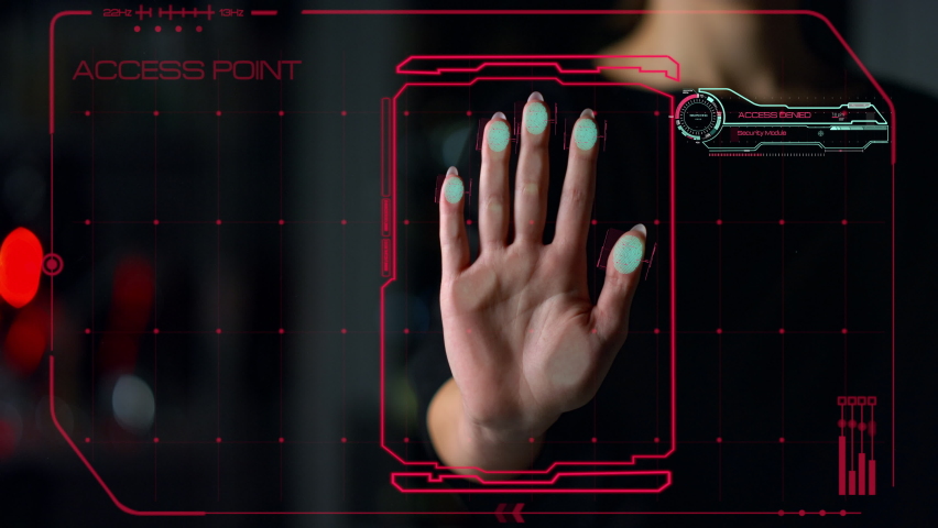 Biometrical access application denying hacker attack identifying person palm closeup. Modern technological protection system verify user unsuccessfully checking biometric. Hitech technology concept 
