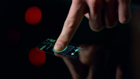 Fingerprint health scanner displaying information analysing biometrical data. Biometrics info collecting process for medical futuristic digital application. Technological high-tech medicine concept