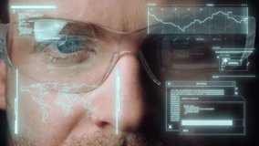 Closeup digital entrepreneur hologram glasses displaying important global data graphs. Businessman technological goggles showing world searching virtual diagrams. High tech financial business concept  - Powered by Shutterstock - Get 15% off with code: PIKWIZARD15