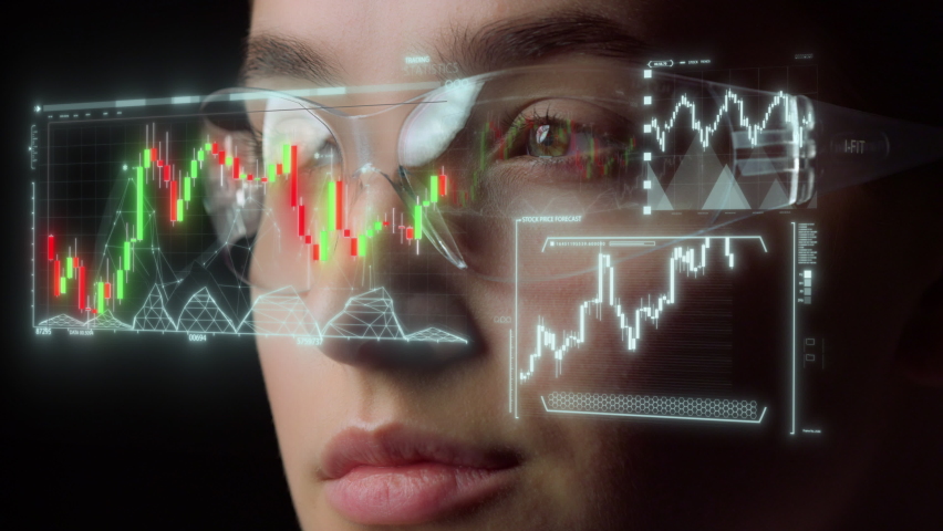 Digital goggles holographic graph projection showing financial benefits close up. Futuristic entrepreneur looking statistical diagrams technological glasses device. High tech modern business concept - Powered by Shutterstock - Get 15% off with code: PIKWIZARD15