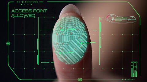 Macro finger print scanner access allowing process successful verification. Modern sensor system scanning biometrical data identifying person connecting. Digital protection hightech login metaverse