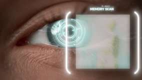 Macro technological eye memory analysis process with biometrical retina scan. Digital futuristic device scanning person memories checking blue iris close up. High tech future technologies metaverse - Powered by Shutterstock - Get 15% off with code: PIKWIZARD15