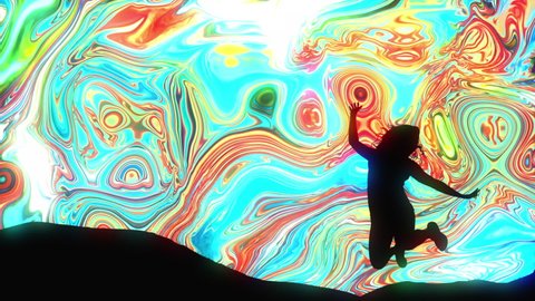 Black woman silhouette on colored moving liquid psychedelic animation on multicolored background. High quality FullHD footage
