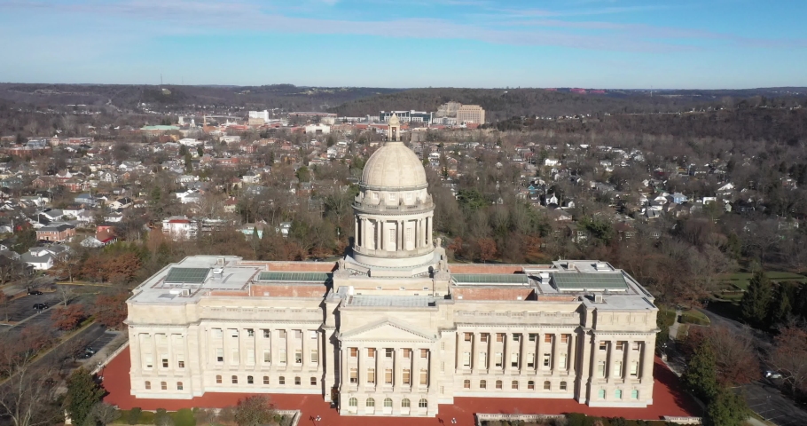 Kentucky State Capitol building in Frankfort drone video pulling out.