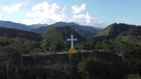 Aerial view of the cross of the beautiful city of La Merced - Chanchamayo located in the department of Junin in Peru
