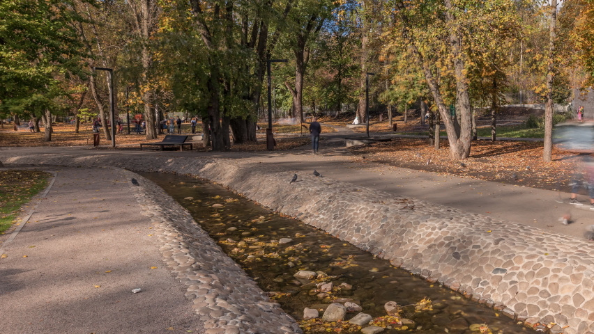 Sarzhin Yar park area with well-equipped pavilion of mineral spring in Kharkov panoramic timelapse, which is very popular among the residents of the city. Ukraine