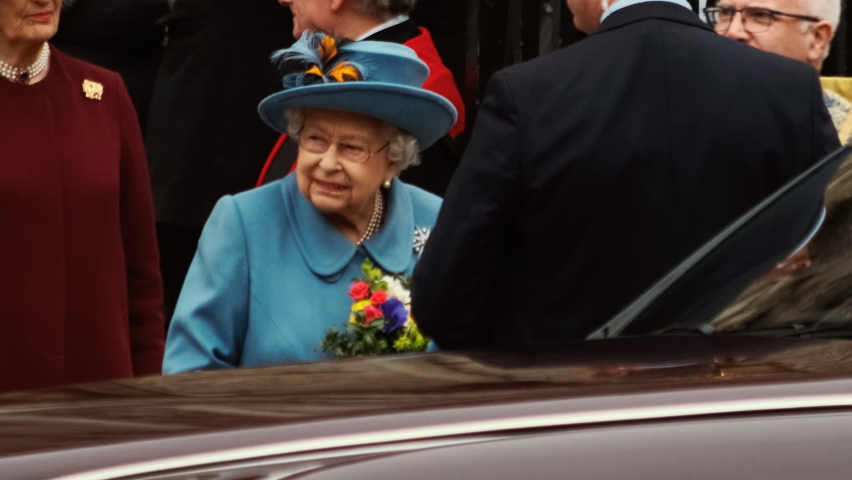 LONDON, circa 2020 - Her Majesty Queen Elizabeth II leaves Westminster Abbey, London, England, UK after a religious celebration of Commonwealth Day
