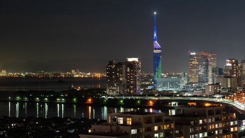 The Fukuoka Skyline in an Evening (Time Lapse | Left to Right Panning)