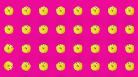 Colorful pattern of donuts isolated on pink background. Seamless pattern with donut. Doughnuts. Top view. Realistic animation. 4K video motion
