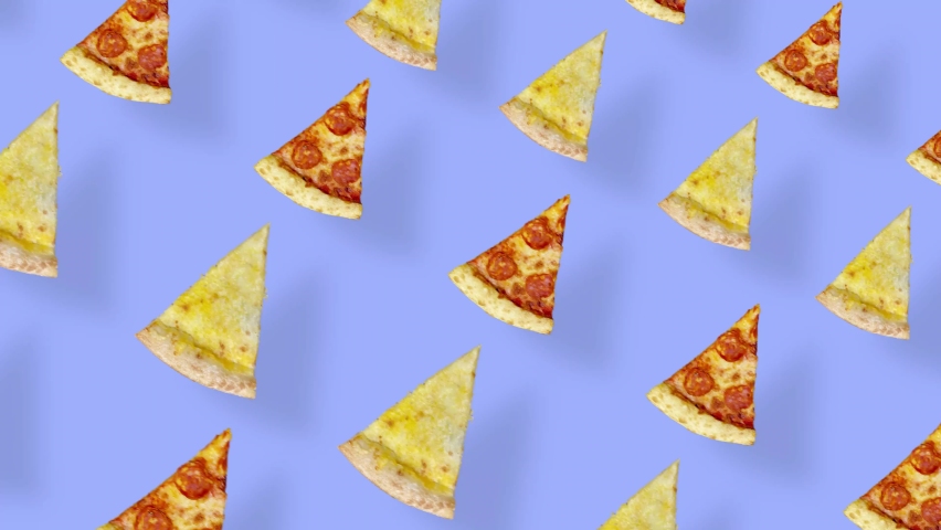 Colorful pattern of pizza isolated on purple background with shadows. Seamless pattern with pizza slices. Top view. Realistic animation. 4K video motion