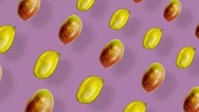 Colorful fruit pattern of fresh mango on pink background with shadows. Seamless pattern with mango. Realistic animation. 4K video motion