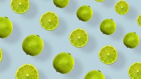 Colorful fruit pattern of fresh limes on blue background with shadows. Seamless pattern with lime. Realistic animation. 4K video motion