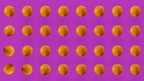 Colorful fruit pattern of fresh orange on purple background. Seamless pattern with orange. Realistic animation. 4K video motion