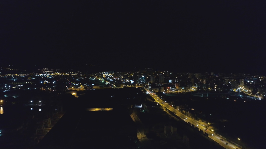 Zagreb Croatia, Night Time Aerial Rise Up Shot Of City Lights