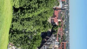 Vertical video of Kaunas old town panorama in Lithuania, panning