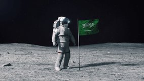 Astronaut in outer space on the surface of the moon. Planting Saudi Arabia Middle East flag. - Powered by Shutterstock - Get 15% off with code: PIKWIZARD15